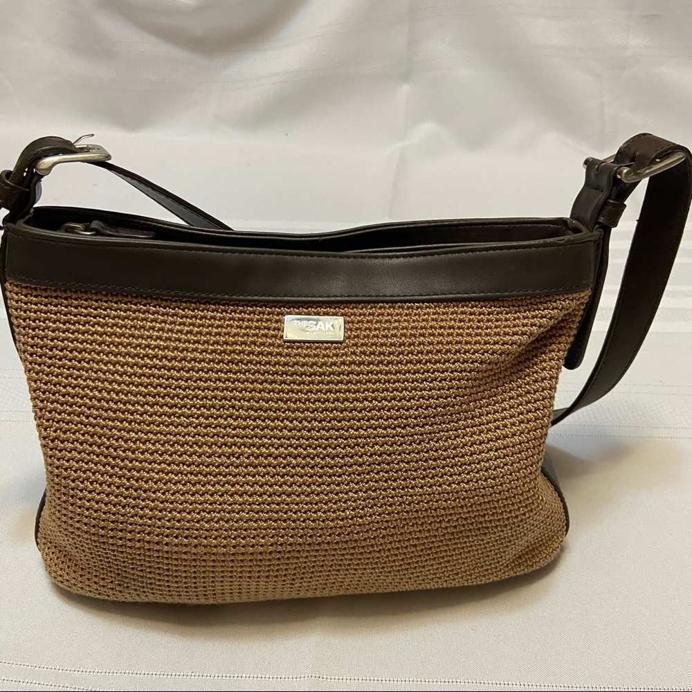The SAK Tan Crocheted Womens Shoulder Bag with Brown Trim - Clean!